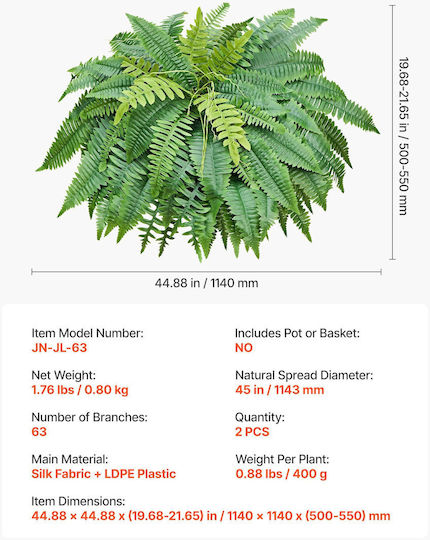 Vevor Ferigă Artificială Boston 114,3 Cm 63 Frunze Set 2 Bucăți Pentru Interior Exterior