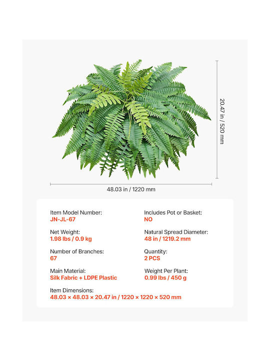 Vevor Artificial Boston Fern 1219 Mm 67 Leaves Set Of 2 Pieces
