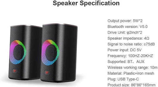 Havit SK212 Ηχεία Υπολογιστή 2.0 με RGB Φωτισμό και Bluetooth Ισχύος 5W σε Μαύρο Χρώμα