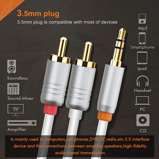 Cabletime 3,5mm Klinkenkabel - 2x RCA-Stecker Weiß 3m mit Vergoldeten Anschlüssen