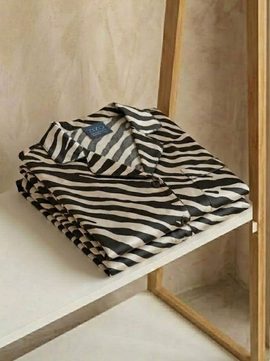 Pijama din satin cu textură fină 'Diodora' imprimeu animal negru