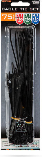 Plastic Nylon Auto-locking Cable Ties Set Black Various Sizes 75 Pcs