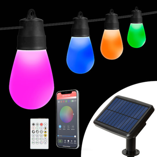 Set 15 Lămpi Solare Suspendate Ghirlandă 1.3W RGBW Bluetooth cu Fotocelulă și Telecomandă IP65