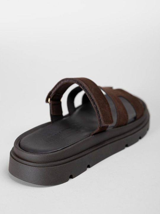 Leather Women's Flat Sandals Flatforms Brown