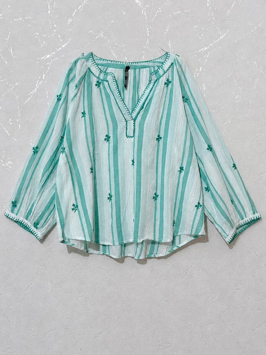 Cotton Tunic with 3/4 Sleeve with V-Neckline Striped Turquoise