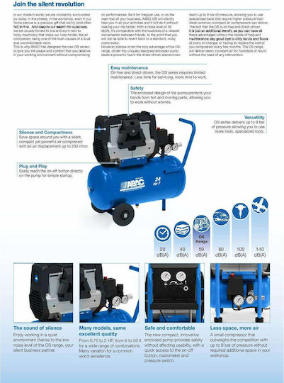 Abac Montecarlo Μονοφασικό Κομπρεσέρ Αέρος 59dB με Ισχύ 2hp και Αεροφυλάκιο 50lt