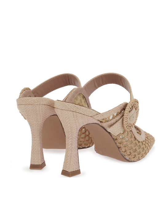 Mules With High Heel In Beige Colour W47002914284-BEIGE Knit 8179-4 With 2116-5 Raffia