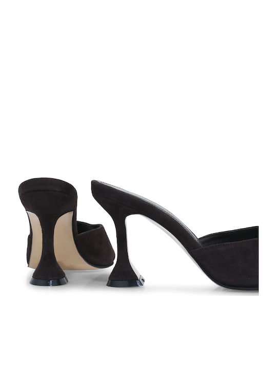 Suede Damen Pantoletten mit Hoch Absatz in Brauner Farbe