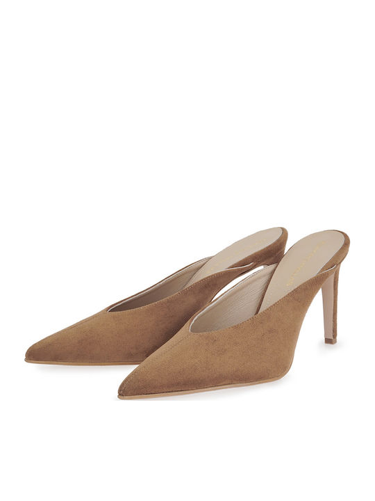 Suede Mules With High Heel In Tabac Brown Color