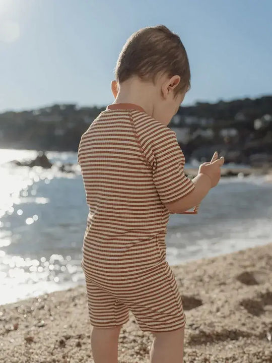 Little Dutch Kids One-Piece Swimsuit with Hat Ocean Brown Stripes