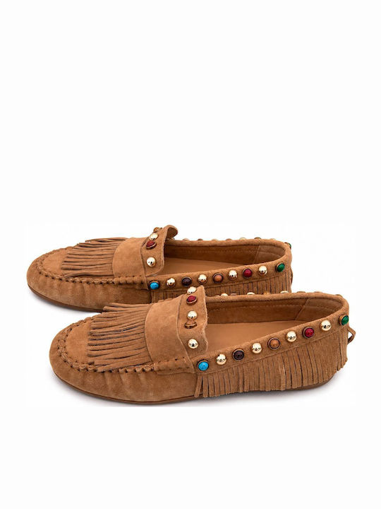Leather Women's Loafers In Beige Colour