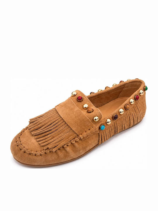 Leather Women's Loafers In Beige Colour
