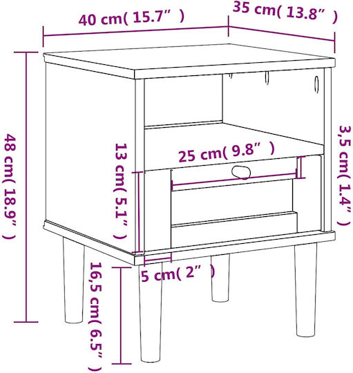 Bedside Table Senja Made of Solid Brown Wood 40x35x48cm