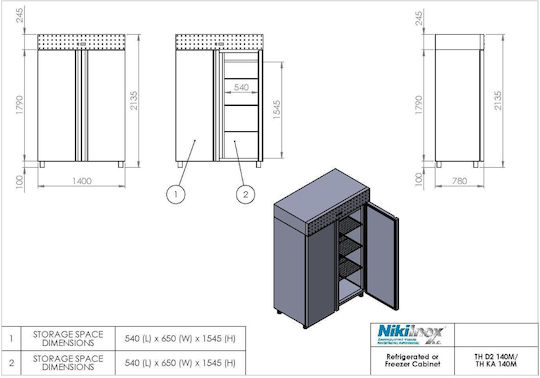Niki Inox Commercial Refrigerator Cabinet with 2 Doors L140xD78xH215cm