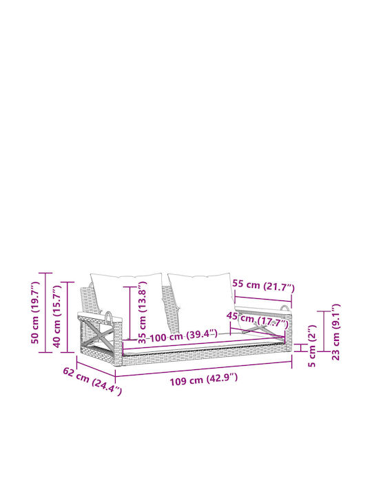Swing Armchair with Stand and Pillow Rattan Brown Load Weight up to 110kg L109xD62xH40cm