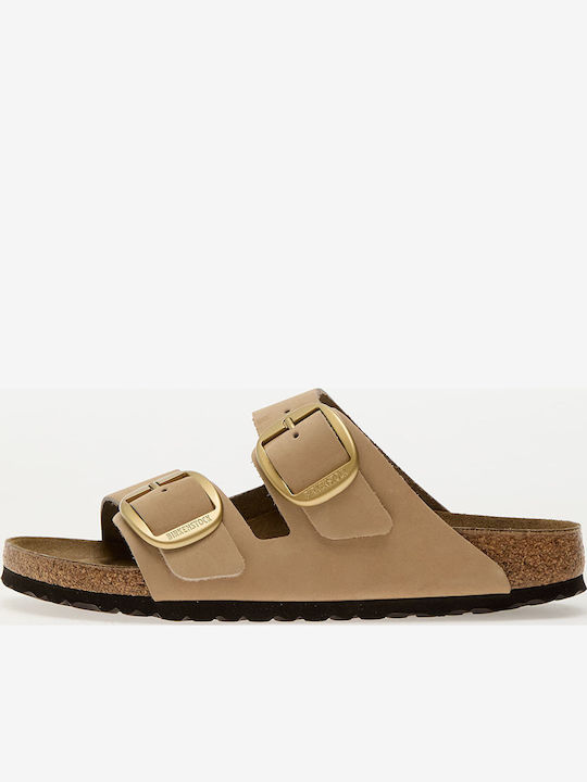 Arizona Big Buckle Leather Women's Flat Sandals in Beige Color Narrow Fit