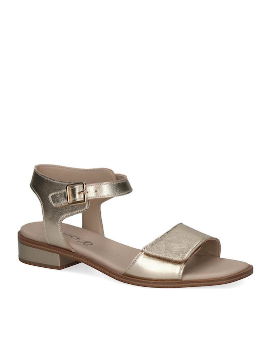Leather Women's Flat Sandals in Gold Color