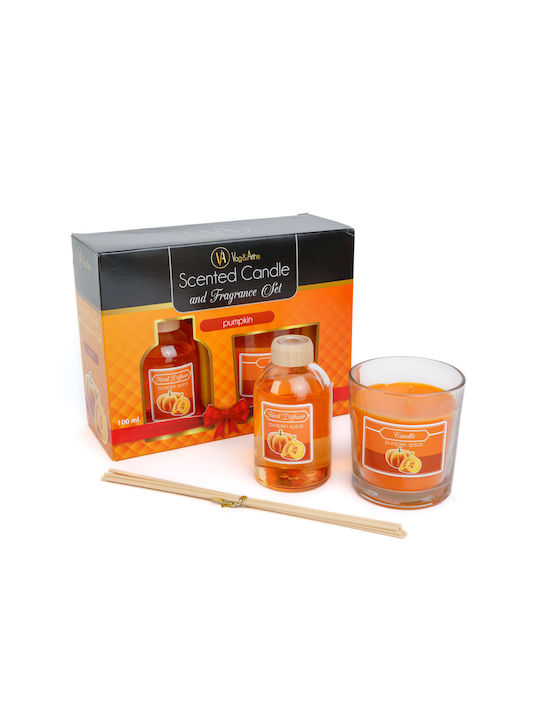 Set Difuzor Cu Bețișoare Parfumate Lumânare Miros Dovleac 120 G + 100 Ml
