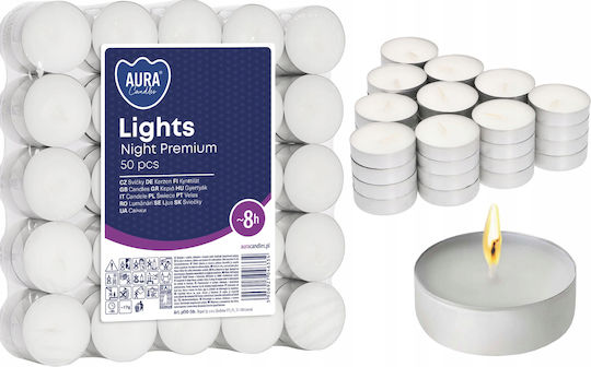 Aura Glass Lumânări Mici în Culoare Albă (până la 8 Ore de Ardere) 50 Bucăți