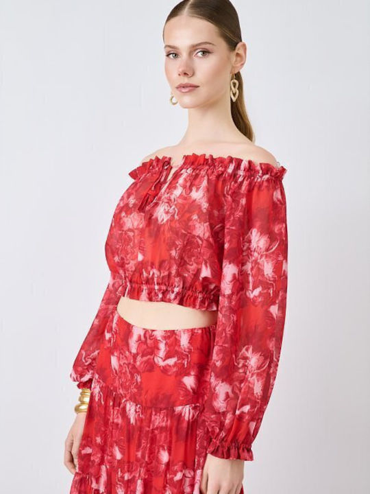 Women's Crop Top Off-Shoulder Long Sleeve Floral Red