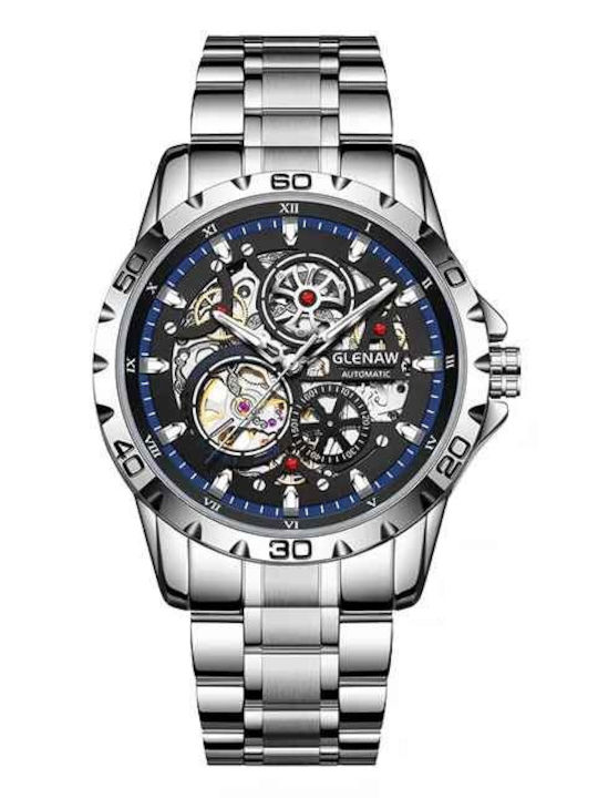 Glenaw Ceas Barbatesc 43mm Automat cu Brățară din Metal Argintie