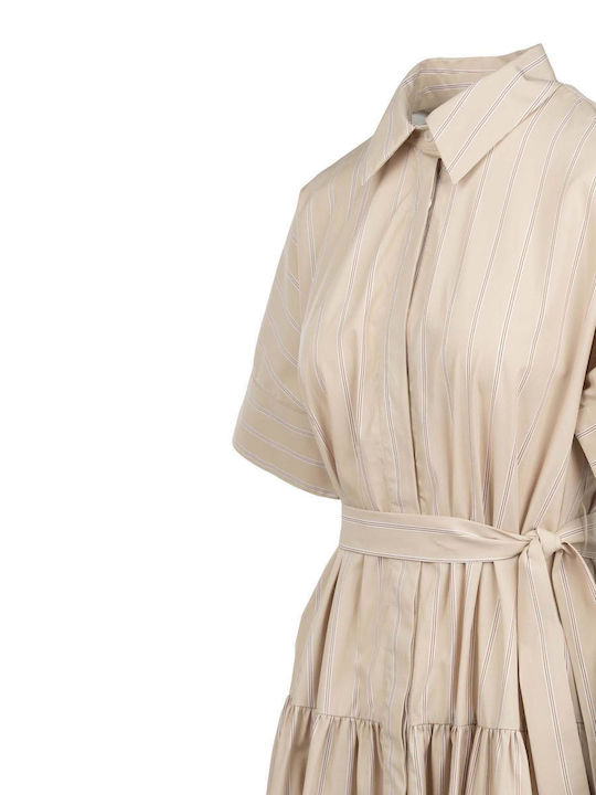 Summer Maxi Shirt Dress Short Sleeve Beige