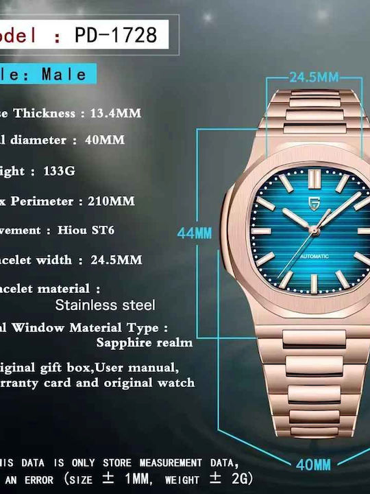 Pagani Design Ceas Barbatesc 40mm Automat cu Brățară Metalică Rose Gold