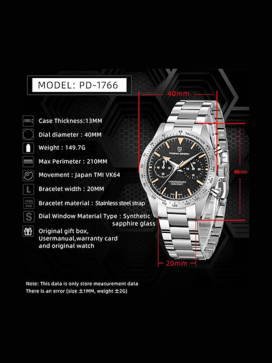 Pagani Design Ceas Barbatesc 40mm Cronograf cu Baterie cu Brățară din Metal Argintie