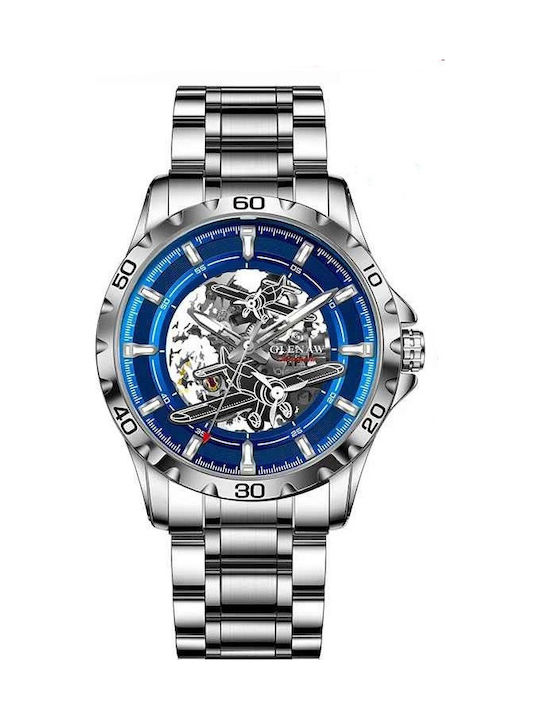 Glenaw Ceas Barbatesc 43mm Automat cu Brățară din Metal Argintie