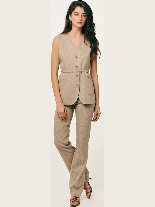 Damen Hochbund Leinen Hose in Gerader Bein Stil Beige