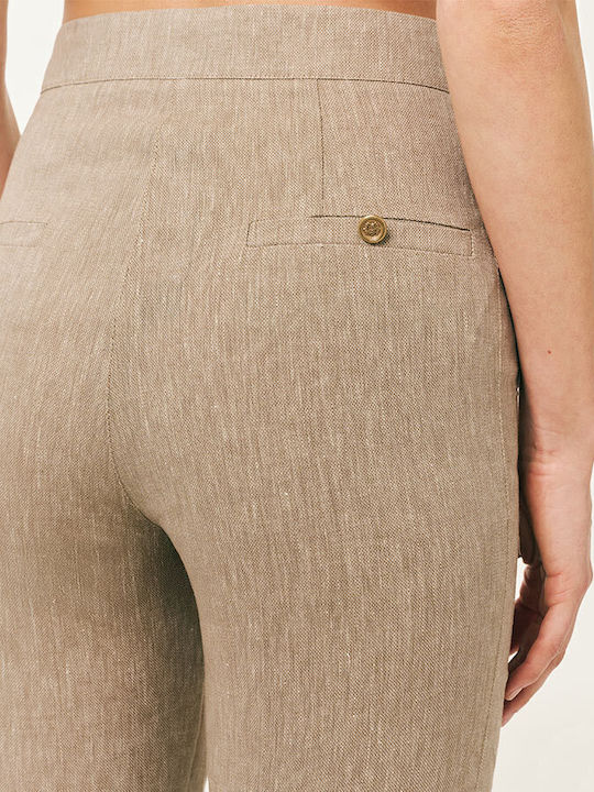 Damen Hochbund Leinen Hose in Gerader Bein Stil Beige