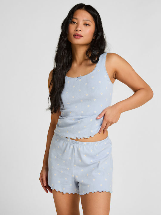 Hunkemöller Sommer Damen Schlafanzug Kurze Hosen Blau Pointelle