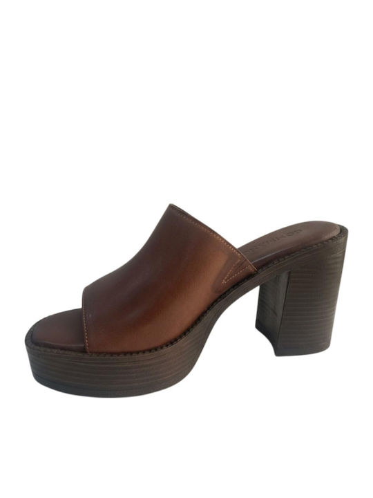 Δερμάτινα Mules με Τακούνι σε Καφέ Χρώμα