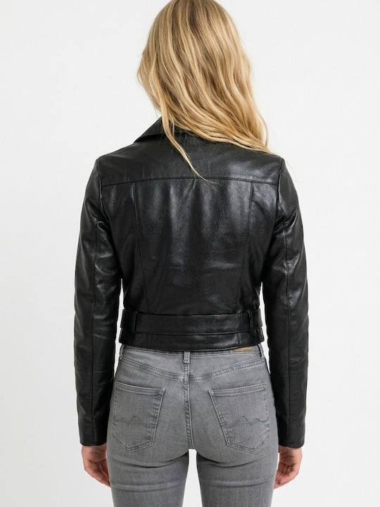 Crop Leder Damenjacke für Winter Schwarz