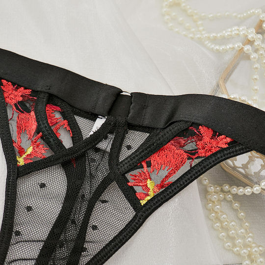 Rylie 4 Piece Lingerie Set Sheer Underwire Embroidered Floral Polka Dot Garters & Thong