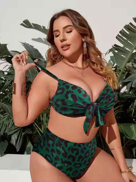 Set Bikini με Ελαφριά Ενίσχυση Ψηλόμεσο Animal Print Πράσινο Leopard