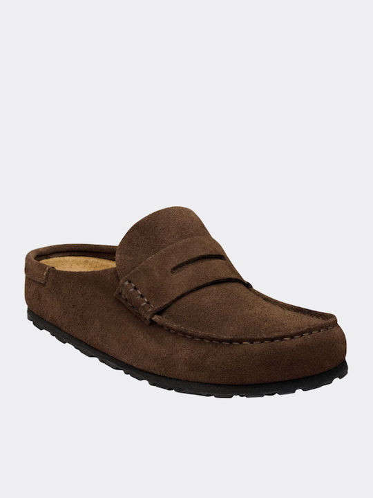Leather Mules with Heel in Brown Colour