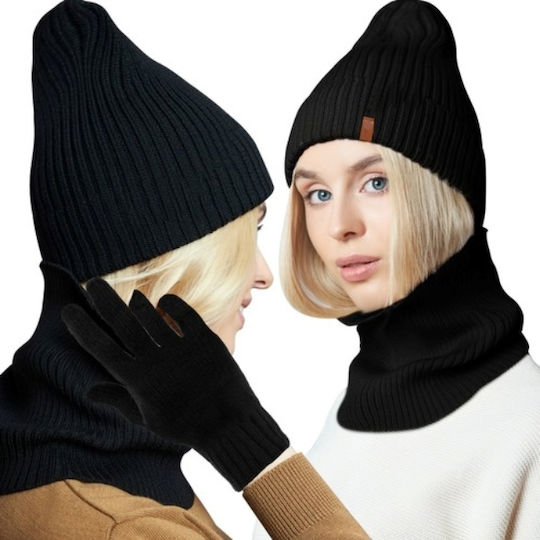 Unisex Σετ με Σκούφο Πλεκτό σε Μαύρο χρώμα