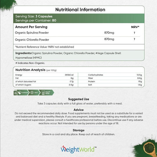 WeightWorld Spirulina Chlorella 750mg 180 κάψουλες