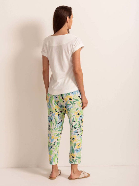 Damen Stoff Capri Hose in Lose Passform Blumen Grün