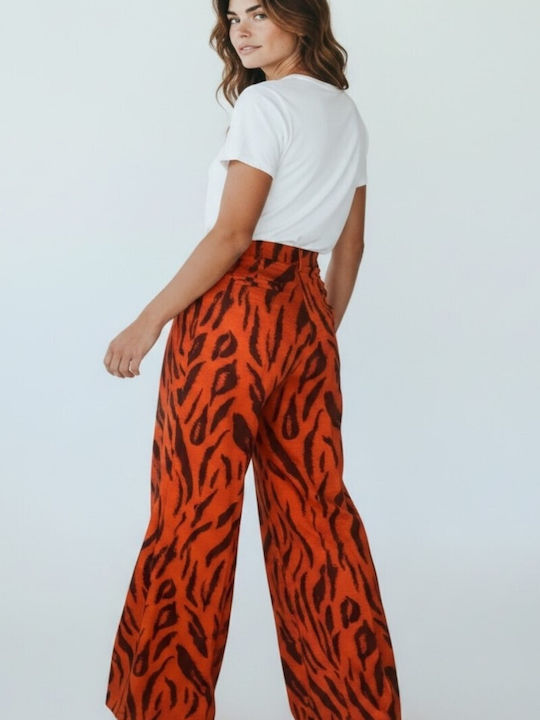 Women's Fabric Trousers in Loose Fit Leopard Ginger