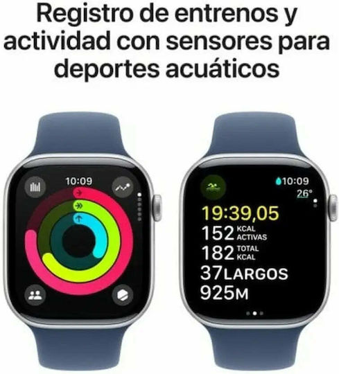 Apple Smartwatch Series 10 Cellular Aluminium 46mm Wasserdicht mit eSIM und Herzfrequenzmesser (Silber Aluminium Sportarmband Denim - M/L)