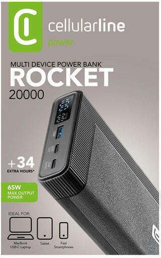 Cellular Line ROCKET Power Bank 20000mAh 65W cu Port USB-A și 2 Porturi USB-C Livrarea energiei Negru