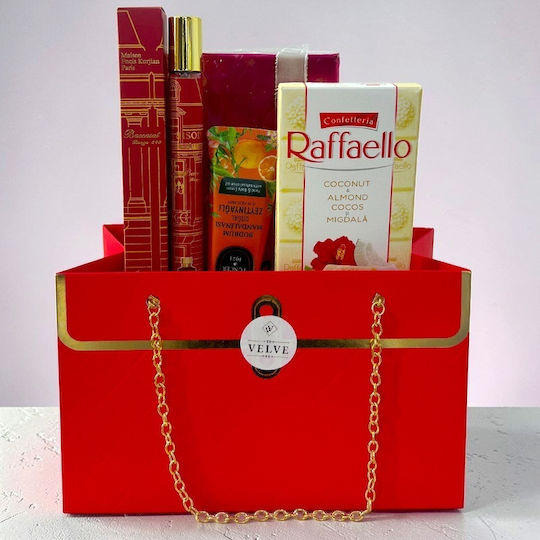 Set Premium Luxury Roșu Eșarfă de Mătase Roșie Parfum M F Kurkdjian 35 Ml Cremă de Mâini Raffaello În Cutie Cadou Tip Geantă