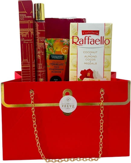 Set Premium Luxury Roșu Eșarfă de Mătase Roșie Parfum M F Kurkdjian 35 Ml Cremă de Mâini Raffaello În Cutie Cadou Tip Geantă