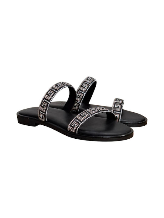 Leather Women's Flat Sandals in Black Color