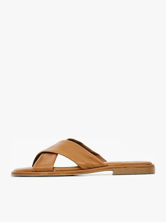 Leather Women's Flat Sandals in Tabac Brown Color