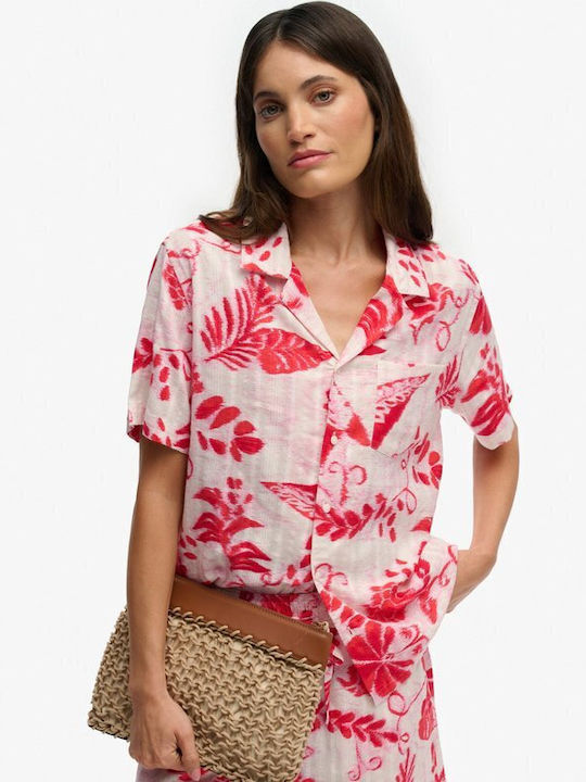 Shirt Shirt Short Sleeve Women's Denim Shirt Ikat Floral Red