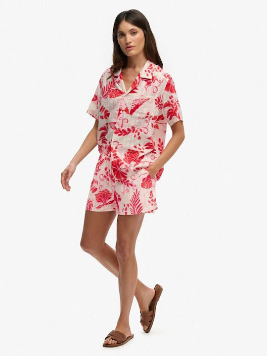 Shirt Shirt Short Sleeve Women's Denim Shirt Ikat Floral Red