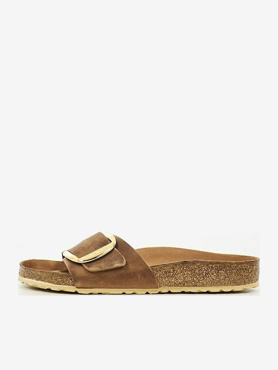 Madrid Big Buckle Oiled Leather Women's Flat Sandals Tabac Brown Narrow Fit